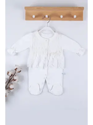 Gofralı Fransız Güpürlü % 100 Pamuk Kız Bebek Tulumu