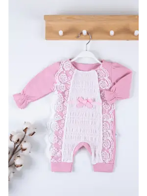 Gofralı Fransız Güpürlü % 100 Pamuk Kız Bebek Tulumu