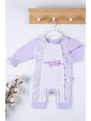 Gofralı Fransız Güpürlü % 100 Pamuk Kız Bebek Tulumu