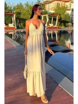 Omarı Doğal Keten Uzun Elbise Göğsüz Stil