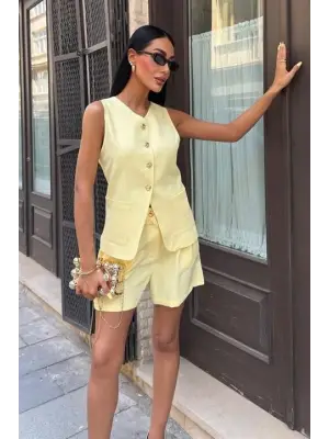 Gold Düğme Detaylı Yelek Şort Cotton Takım 10208