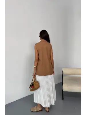 GOLD DÜĞMELİ KETEN YELEK - Kahverengi