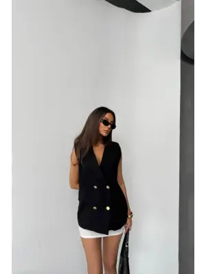 GOLD DÜĞMELİ KETEN YELEK - Siyah