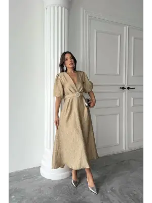 Gold Işıltılı Kemerli Kruvaze Elbise