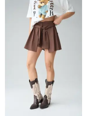 Gömlek Bağlamalı Şort - KAHVE