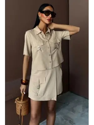 Gömlek Şort Etek Viscon Keten Takım 10162