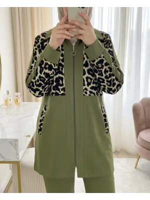 Gömlek Yaka Boydan Fermuarlı Pantolonlu Takım   -Haki