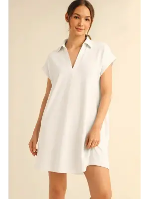 Gömlek Yaka Cepli Süprem Penye Elbise -Beyaz