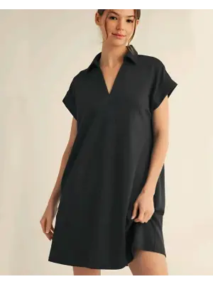 Gömlek Yaka Cepli Süprem Penye Elbise -Siyah