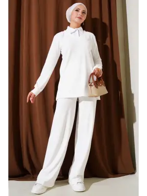 Gömlek Yaka Fitilli Salaş İkili Takım beyaz T4300