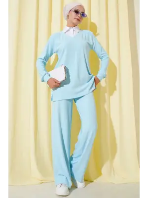 Gömlek Yaka Fitilli Salaş İkili Takım Buz Mavisi T4300