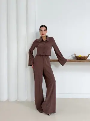 Gömlek yaka kaplama düğmeli takım kahve st265866