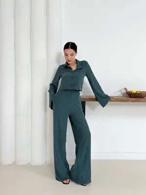 Gömlek yaka kaplama düğmeli takım petrol yeşili st265866