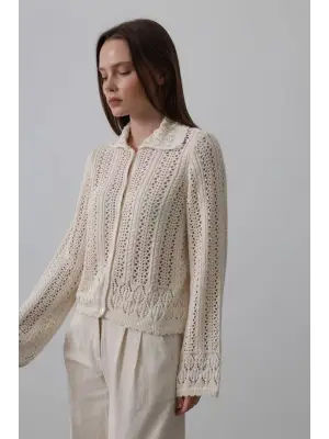 Şık Ekru Gömlek Yaka Uzun Kol Triko