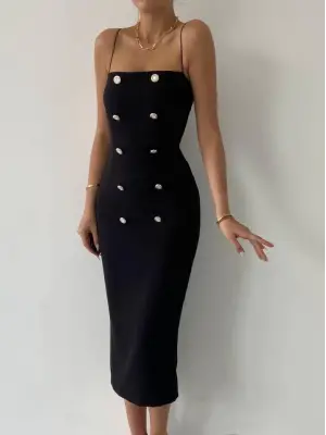 Omarı Uzun Kollu Siyah Elbise