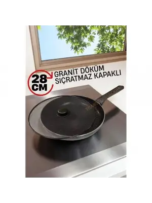 Granit Döküm Tava Yağ Sıçratmaz Kapaklı -Yapışmaz Taban 28 Cm