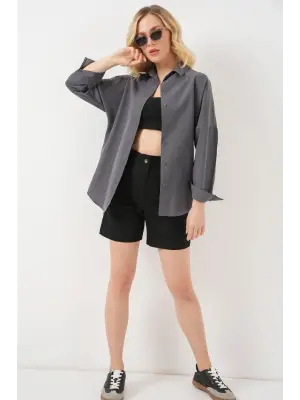 Gri Düz Oversize Uzun Basic Gömlek 3900