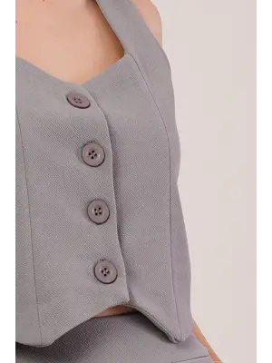 Omarı Gri Takım Kalın Askılı Düğmeli Yelek ve Pantolon