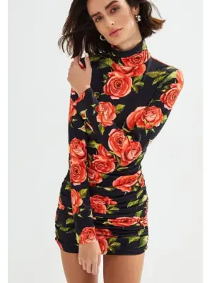 Omarı Gül Desenli Kadın Balıkçı Yaka Mini Elbise