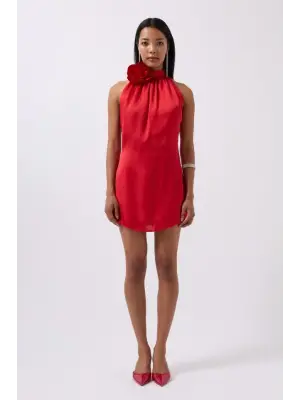 Gül Detay Mini Saten Elbise