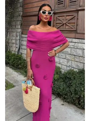 Omarı Gül Detaylı Madonna Yaka Elbise