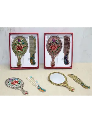 Gül Tasarımı Ayna Ve Tarak Seti Küçük Boy