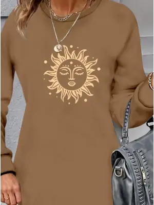 Omarı Güneş Desenli Uzun Kollu Viskon Elbise