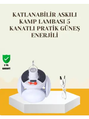 Güneş Paneliyle Şarj Olan Katlanabilir Led Çadır Lambası – 5 Kademeli Aydınlatma