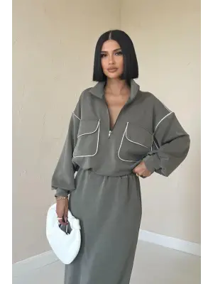 Haki Biyeli Sweatshirt Ve Etek Takım