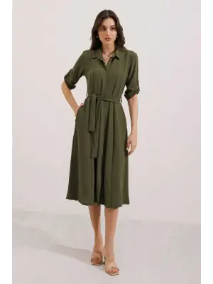 Haki Kuşaklı Gömlek Elbise 2442