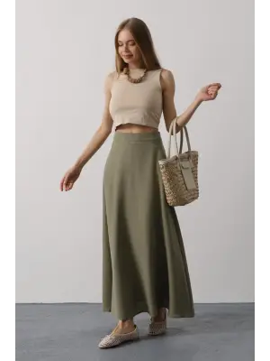 Omarı Doğal Keten Haki Renk Etek