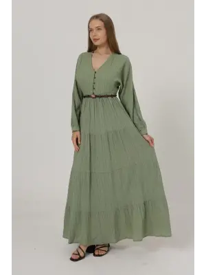 Omarı Yarım Düğmeli Uzun Kol Elbise - Haki