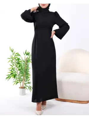 Hakim Yaka Belden Bağlamalı Elbise -Siyah