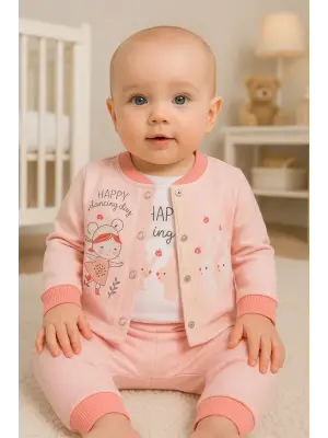 Happy Dancing Desenli 3lü Hırkalı Kız Bebek Takım