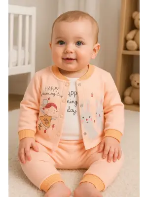 Happy Dancing Desenli 3lü Hırkalı Kız Bebek Takım