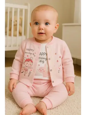 Happy Dancing Desenli 3lü Hırkalı Kız Bebek Takım