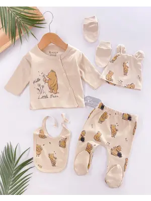 Hello Little Bear Baskılı 5 Parça %100 Pamuk Erkek Bebek Hastane Çıkışı