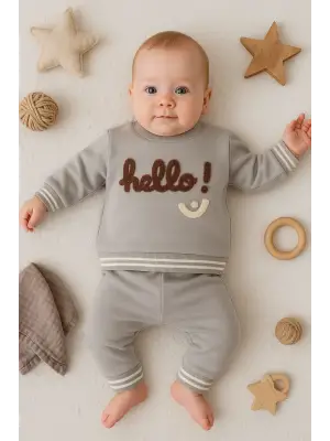 Hello Nakışlı % 100 Pamuk 2li Erkek Bebek Takım