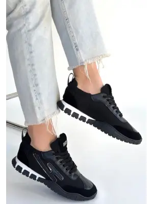 Huer Siyah Nubuk Bağcıklı Spor Ayakkabı