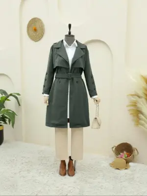 İç Astarlı Düğmeli Kemerli Trençkot  -Haki