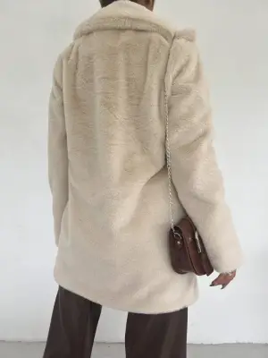 İçi Astarlı Cepli Kürklü Ceket -Taş