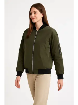 Haki Içi Astarlı Fermuarlı Bomber Mont Ceket Kadın Giyim