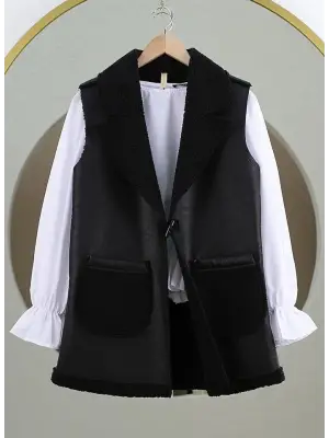 İçi Kuzu Peluş Çift Cepli Yelek -Siyah