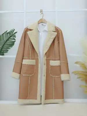 Omarı Pelüşlu Çıtçıtlı Vizon Deri Mont