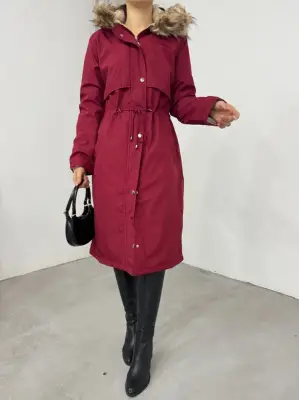 Bordo İçi Peluşlu Sabit Kapşonlu Uzun Mont Kadın Giyim