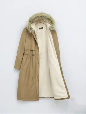 İçi Peluşlu Sabit Kapşonlu Tünel Bağcıklı Uzun Mont -Vizon