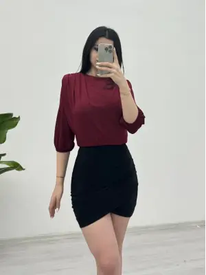 Omarı Omuzdan Büzgülü Vatkalı Bordo Sendy Bluz