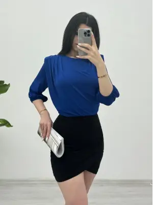 İçi Tulumlu Omuzdan Büzgülü Vatkalı Sendy Bluz -Saks