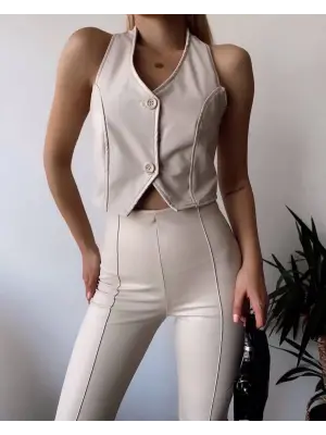 İki düğmeli deri yelek krem s243001