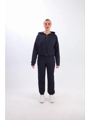 Lacivert Kapüşonlu Fermuarlı Crop Hırka Takım